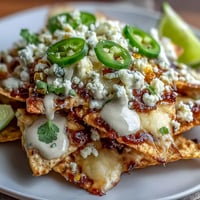 Stacked Cinco de Mayo Elote Nachos piled high with cheesy goodness and crema.