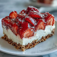 Red, white, and blue strawberry pretzel salad dessert glistening brightly.
