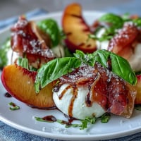 Creamy burrata salad with sweet peaches and salty prosciutto, perfect for summer.