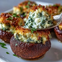 Creamy spinach ricotta stuffed mushrooms baked to golden perfection, a flavorful vegetarian appetizer ideal for parties.  
