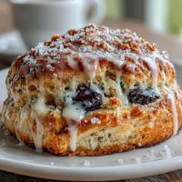 A golden tray of freshly baked lemon blueberry scones, their tops brushed with cream and sprinkled with coarse sugar, surrounded by a bowl of zesty lemon glaze.
