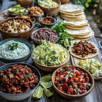 Colorful DIY Taco Bar for Outdoor BBQ overflowing with fresh toppings.