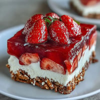 Dessert photo shows glossy strawberry pretzel jello salad with creamy top layer.